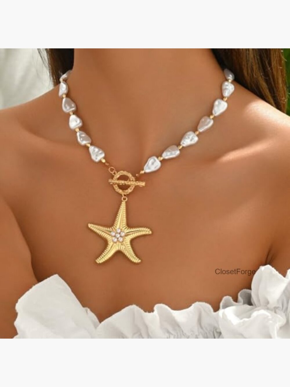 Chunky Gold Starfish Necklace with Baroque Pearl Pendant Layered Choker Beach - Picture 3 of 6
